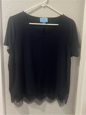 CeCe Navy Blouse with Lace Hem